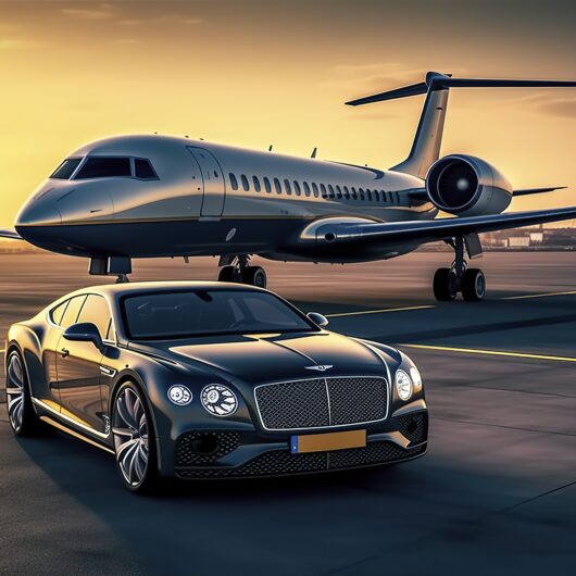 A car parked on the tarmac near an airplane.