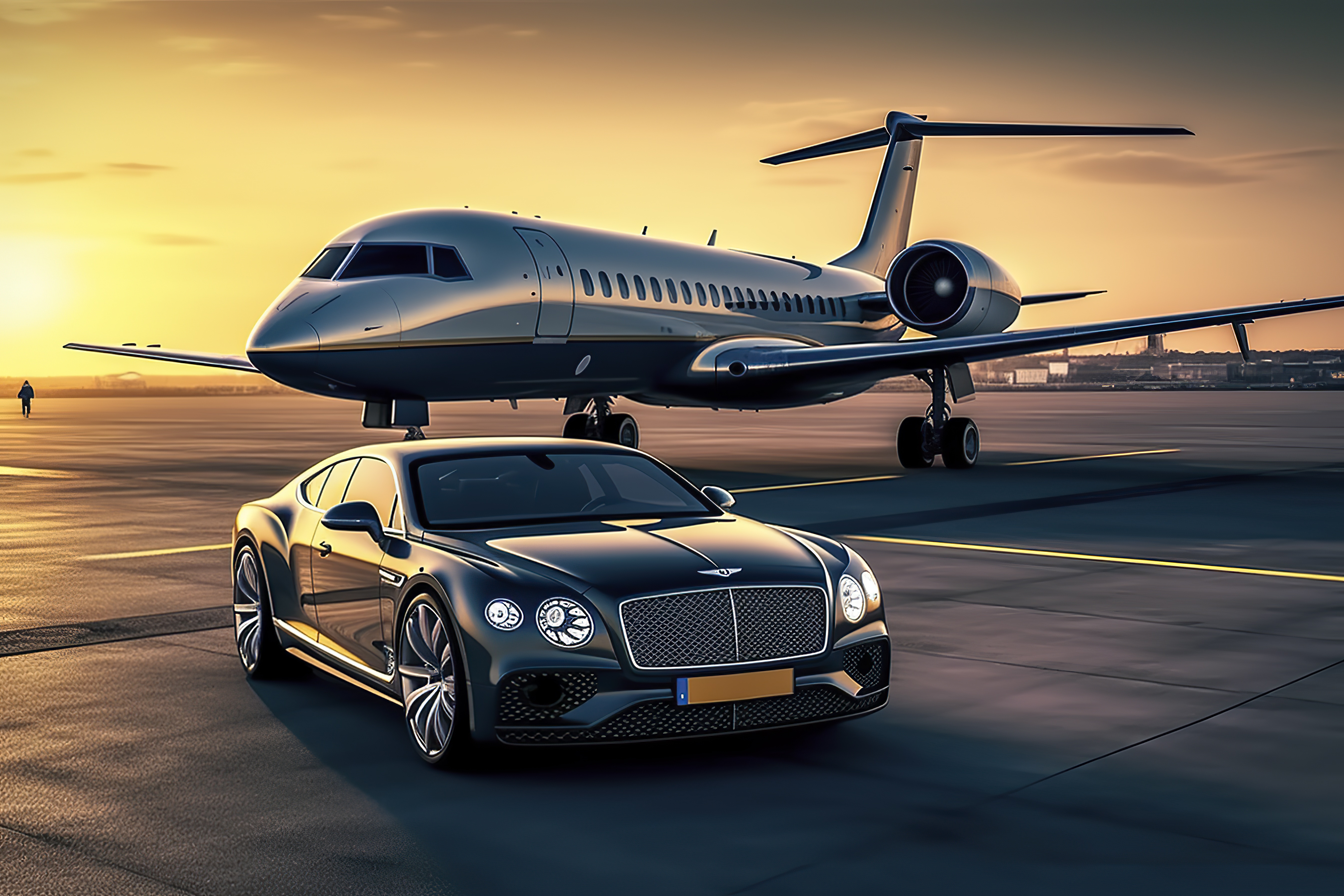 A car parked on the tarmac near an airplane.